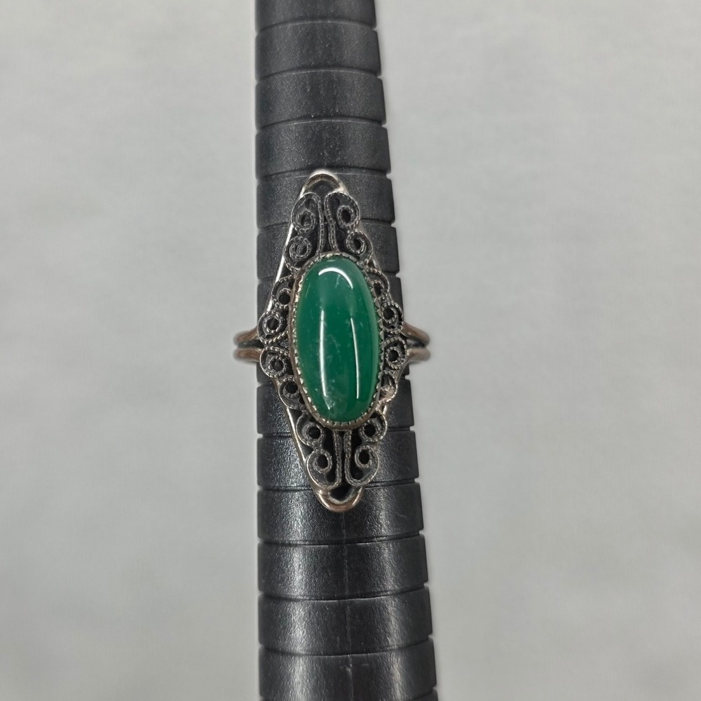 Vintage Sterling Silver Green Stone Filigree Ring Size 5 Statement Jewelry